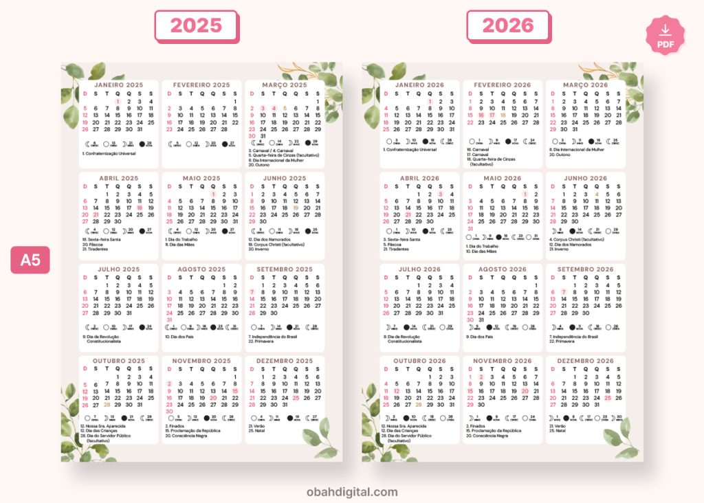 Calendário 2025 e 2026 A5 para imprimir