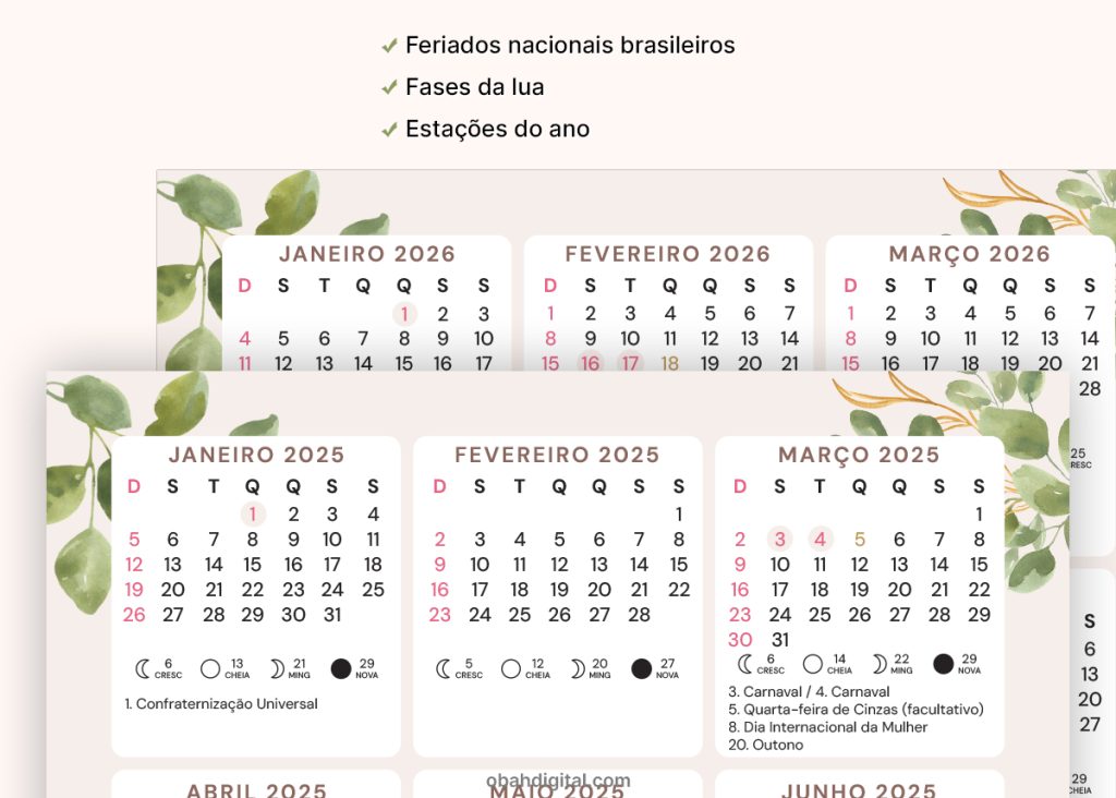 Calendário 2025 e 2026 A5 para imprimir