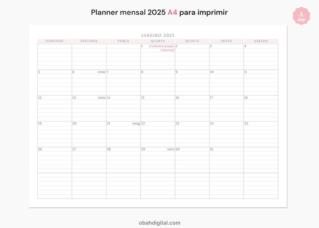 Planner mensal 2025 A4 com linhas para imprimir