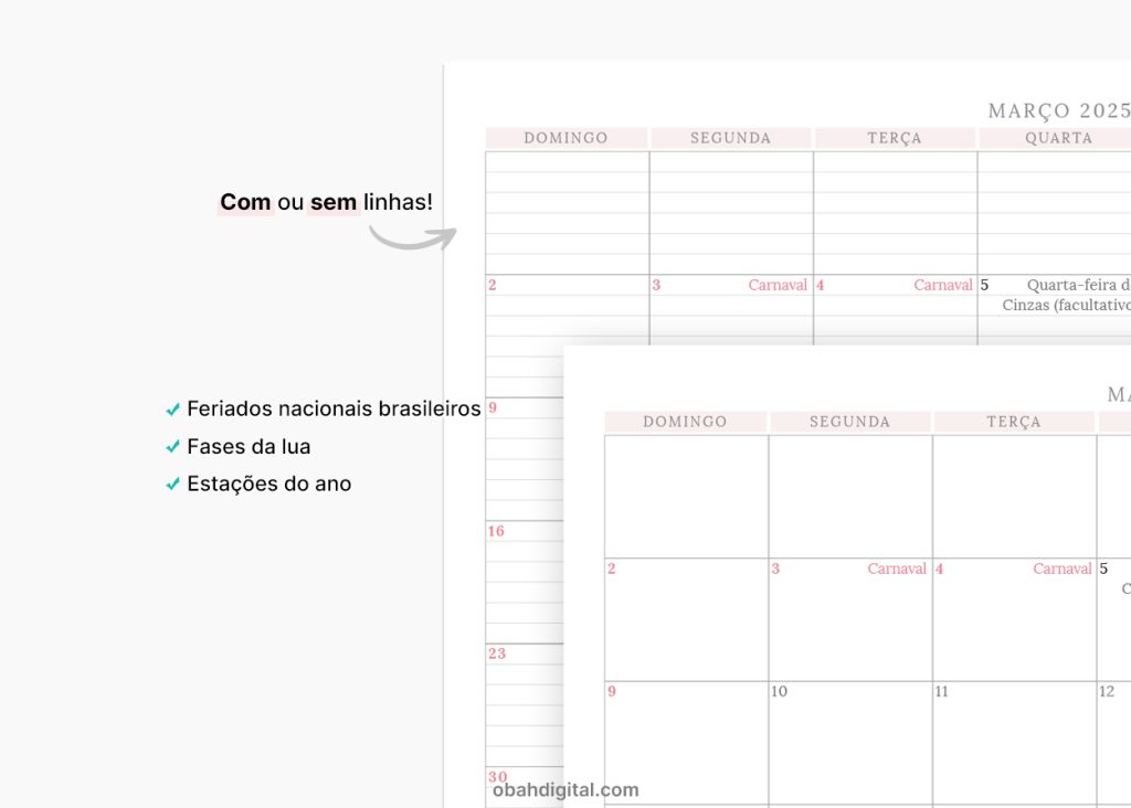 Planner mensal 2025 A4 com linhas para imprimir