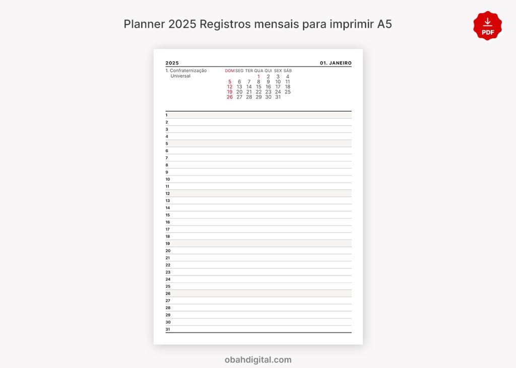 Planner 2025 A5 Registros mensais