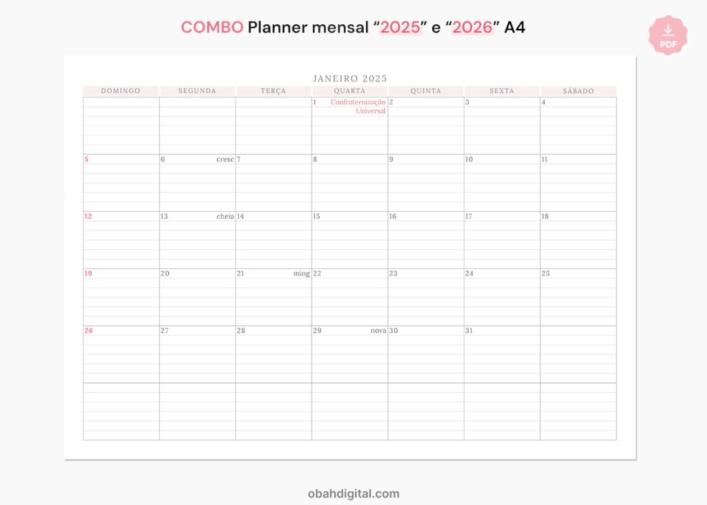 Planner 2025 e 2026 (A4) com linhas para imprimir