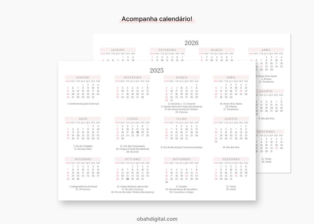 Planner 2025 e 2026 (A4) com linhas para imprimir