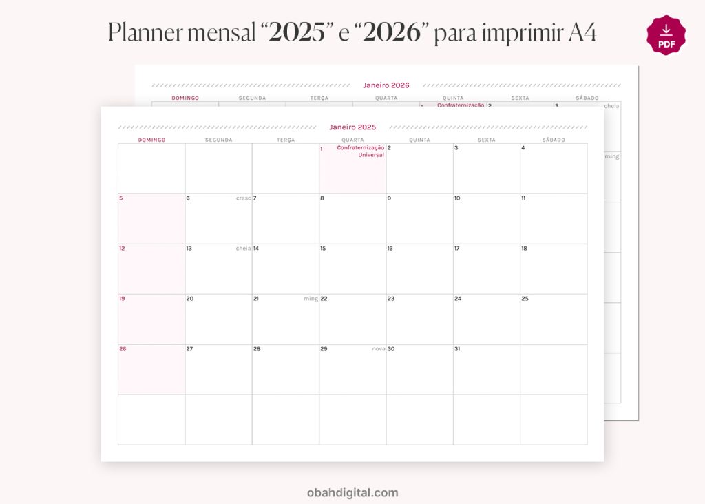 Planner 2025 e 2026 A4 para imprimir