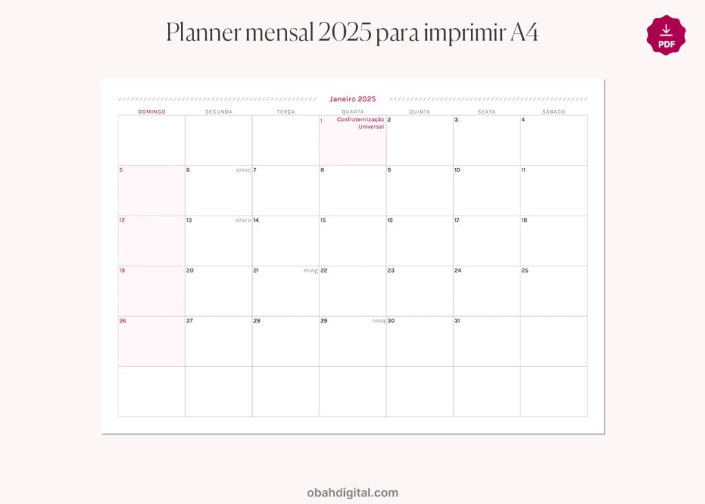 Planner mensal 2025 A4 para imprimir