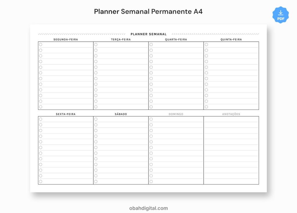 Planner semanal permanente A4 para imprimir