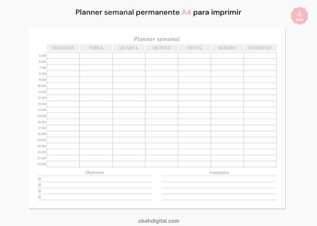 Planner semanal permanente A4 para imprimir