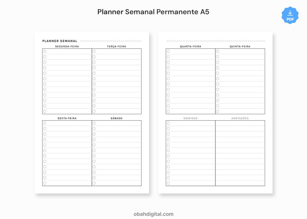 Planner semanal permanente A5 para imprimir