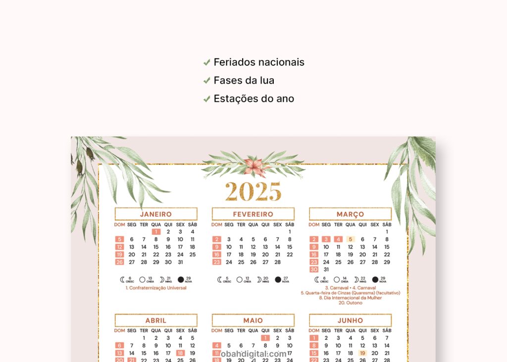 Calendário digital 2025 A4 para Imprimir