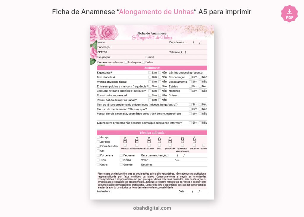 Ficha Anamnese Alongamento Unhas A5 para imprimir