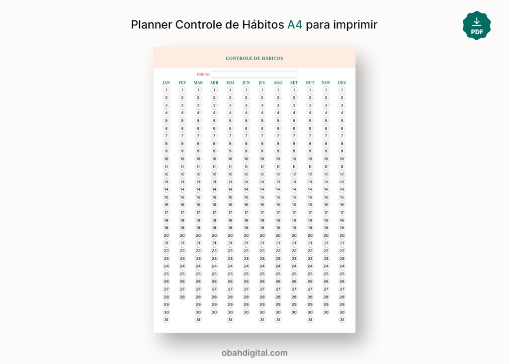 Planner Controle de Hábitos A4 para imprimir