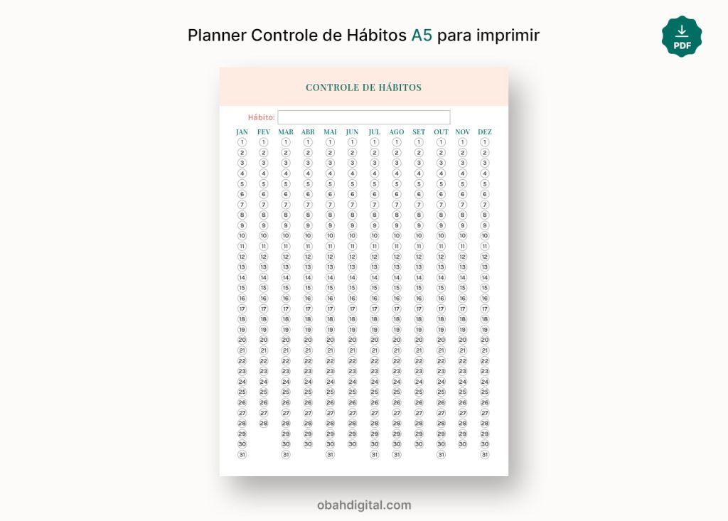 Planner Controle de Hábitos A5 para imprimir