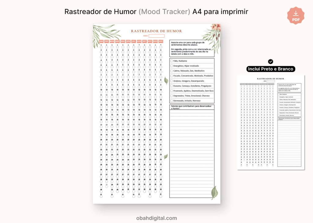 Planner Rastreador de Humor Mood Tracker A4 para imprimir