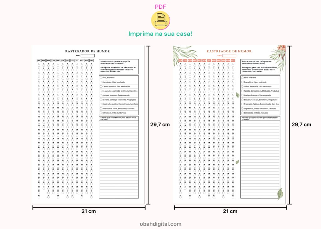 Planner Rastreador de Humor Mood Tracker A4 para imprimir