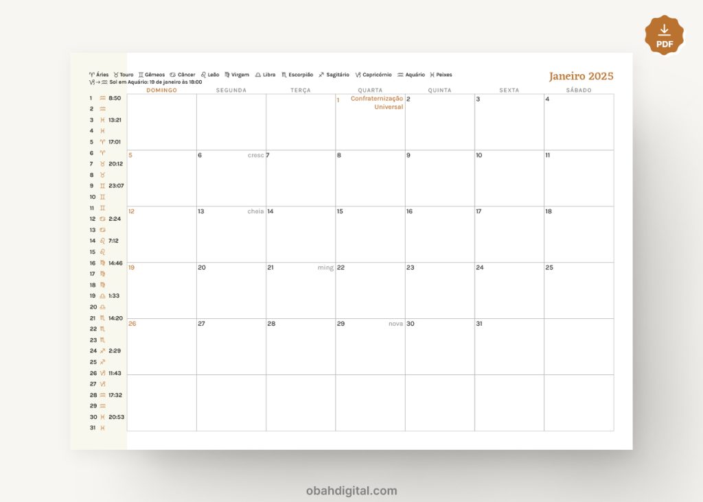 Planner mensal lunar astrológico A4 para imprimir