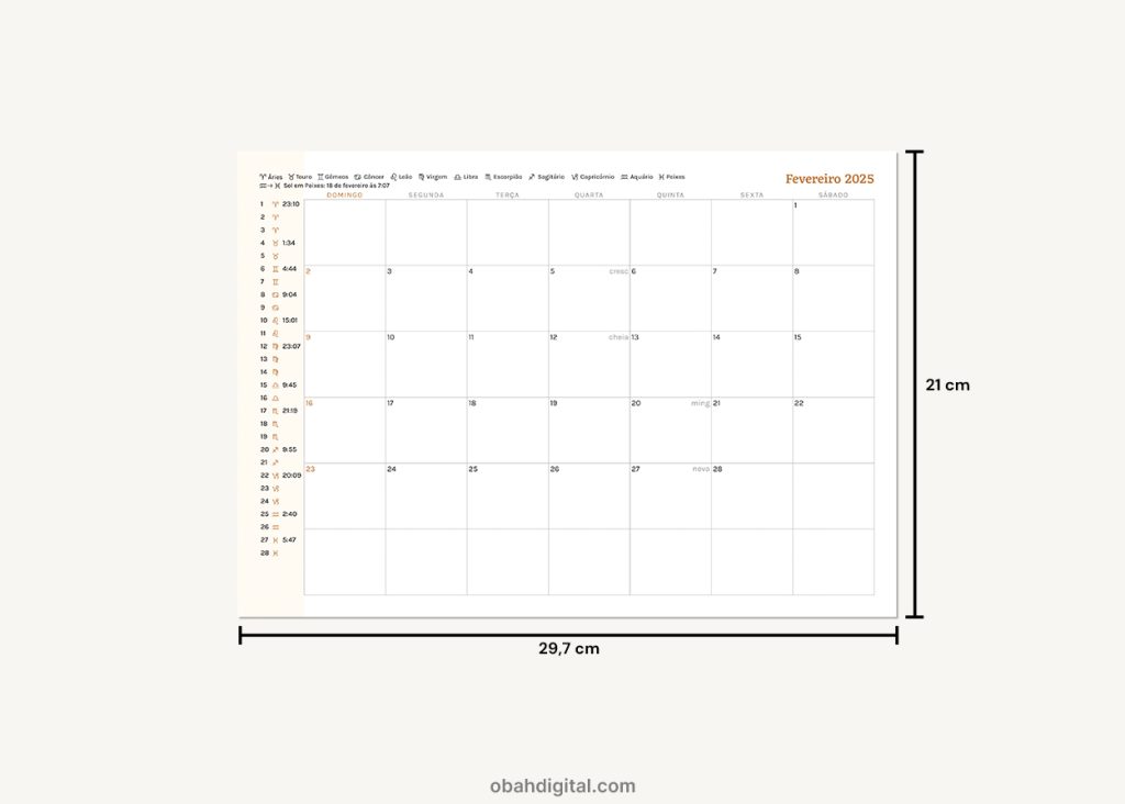 Planner mensal lunar astrológico A4 para imprimir