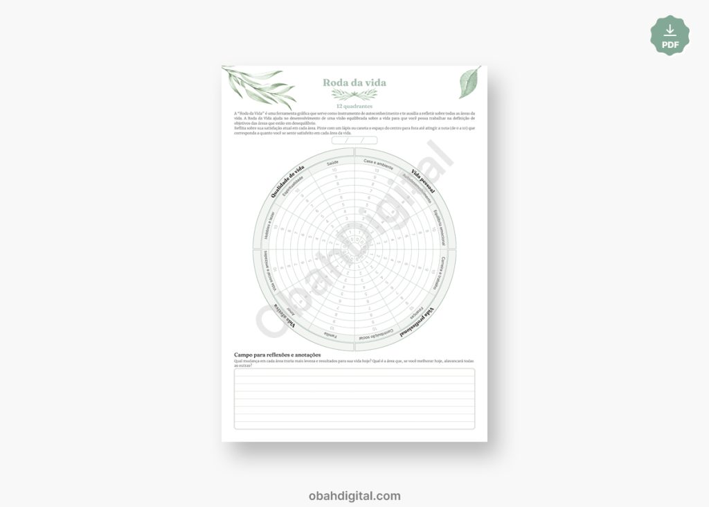 Roda da Vida A4 para imprimir 8 quadrantes 12 quadrantes
