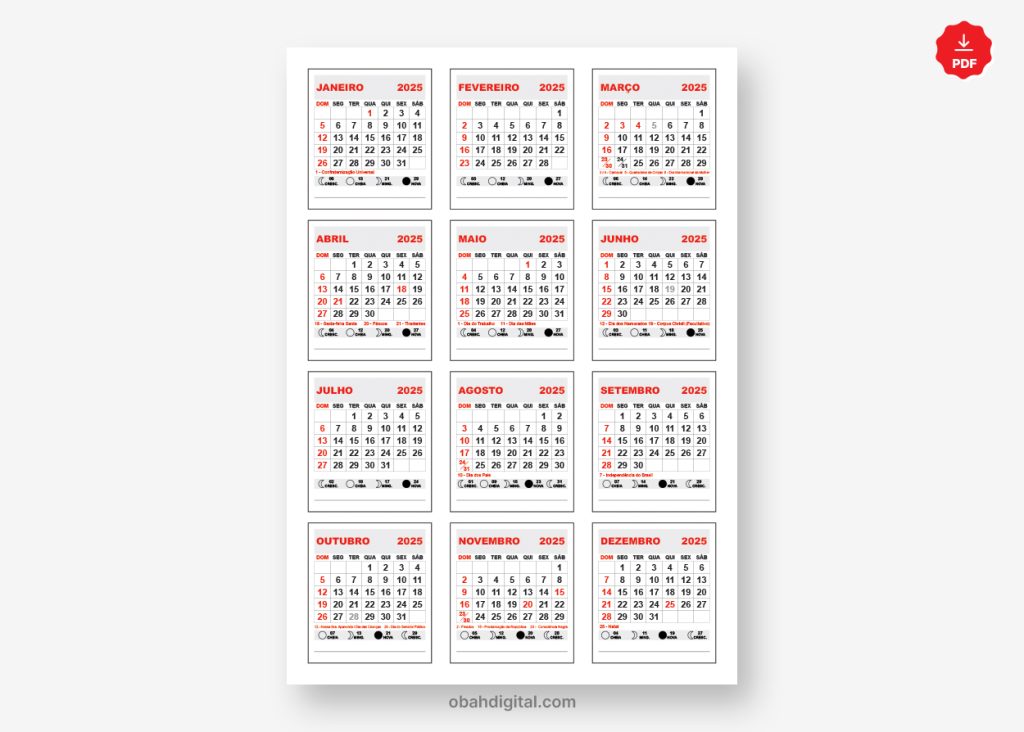 Calendário 2025 digital A4 para imprimir