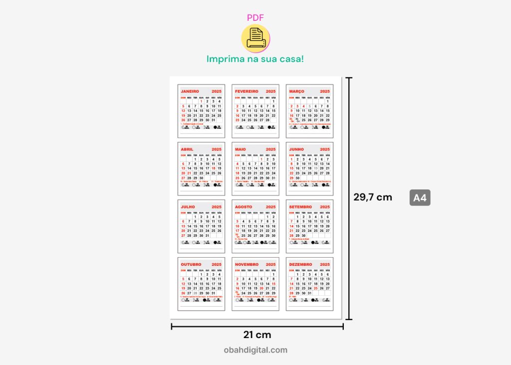 Calendário 2025 digital A4 para imprimir