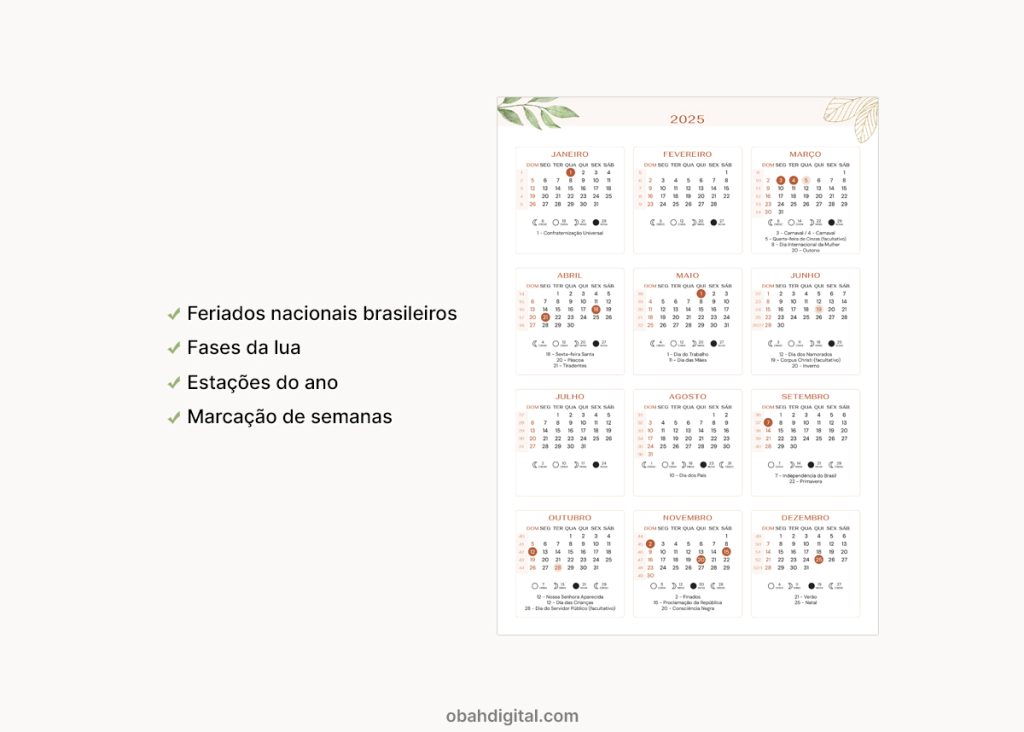 Calendário 2025 marcação semanas A4 para imprimir