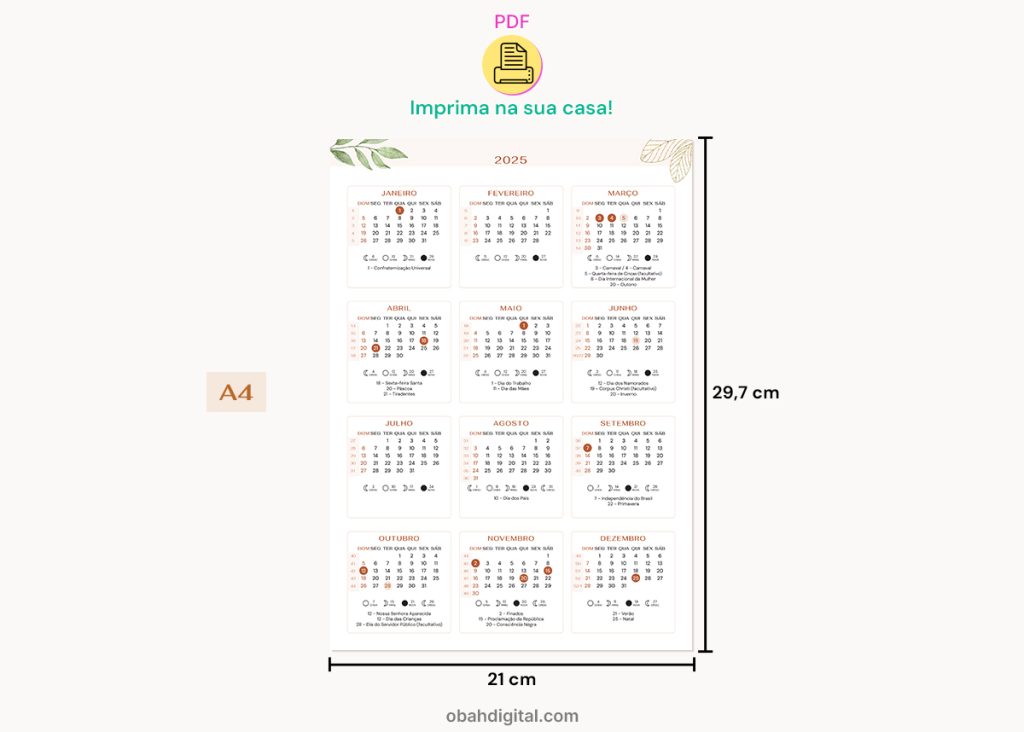 Calendário 2025 marcação semanas A4 para imprimir