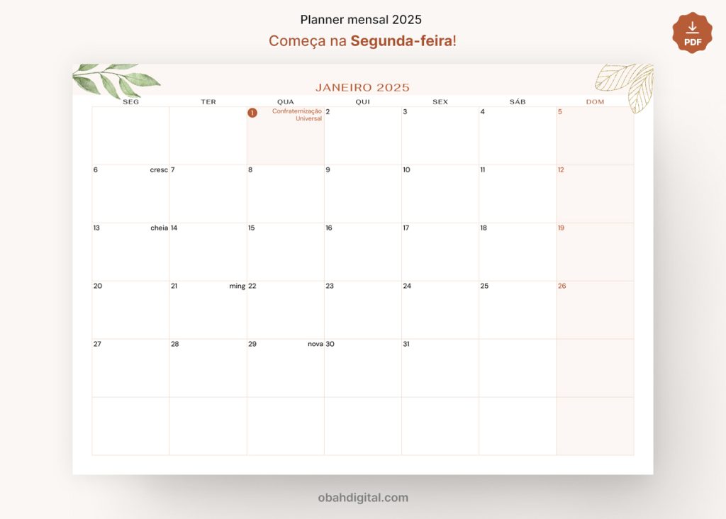 Planner mensal 2025 A4 Começo na Segunda-feira para imprimir