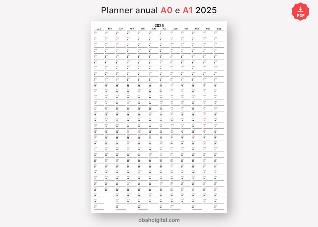 Planner Anual A0 e A1 2025 para imprimir