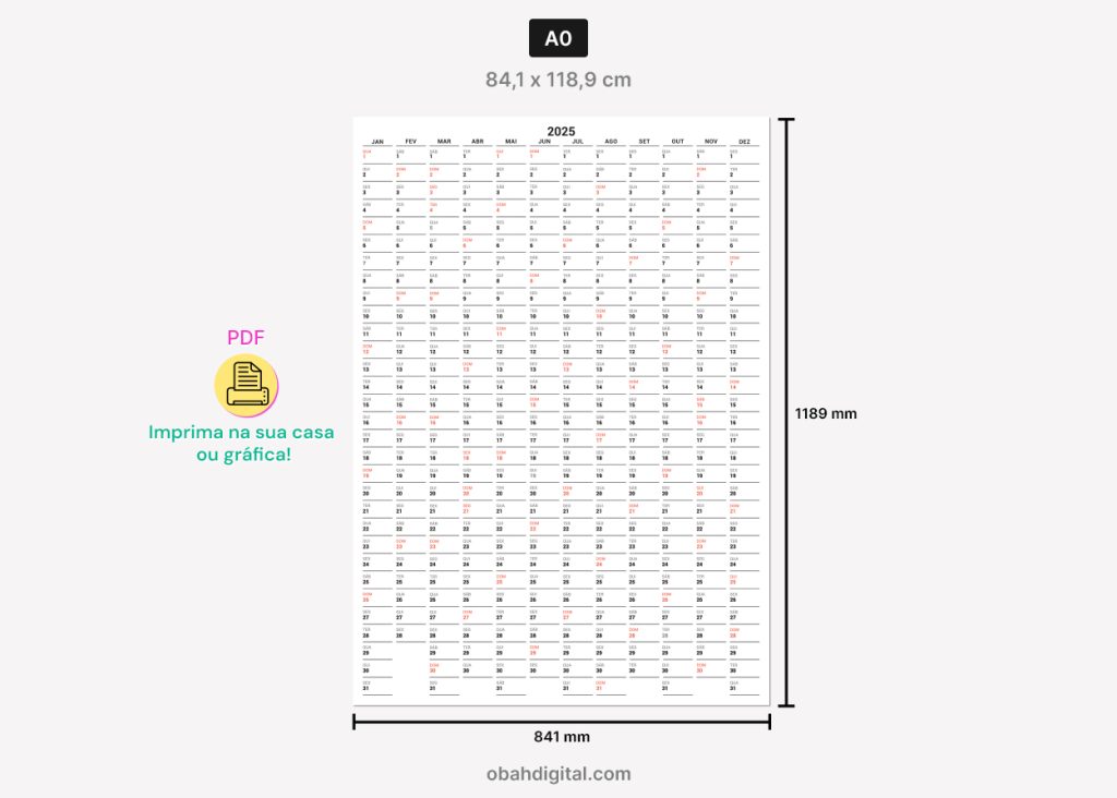 Calendário Planner Anual A0 e A1 2025 para imprimir