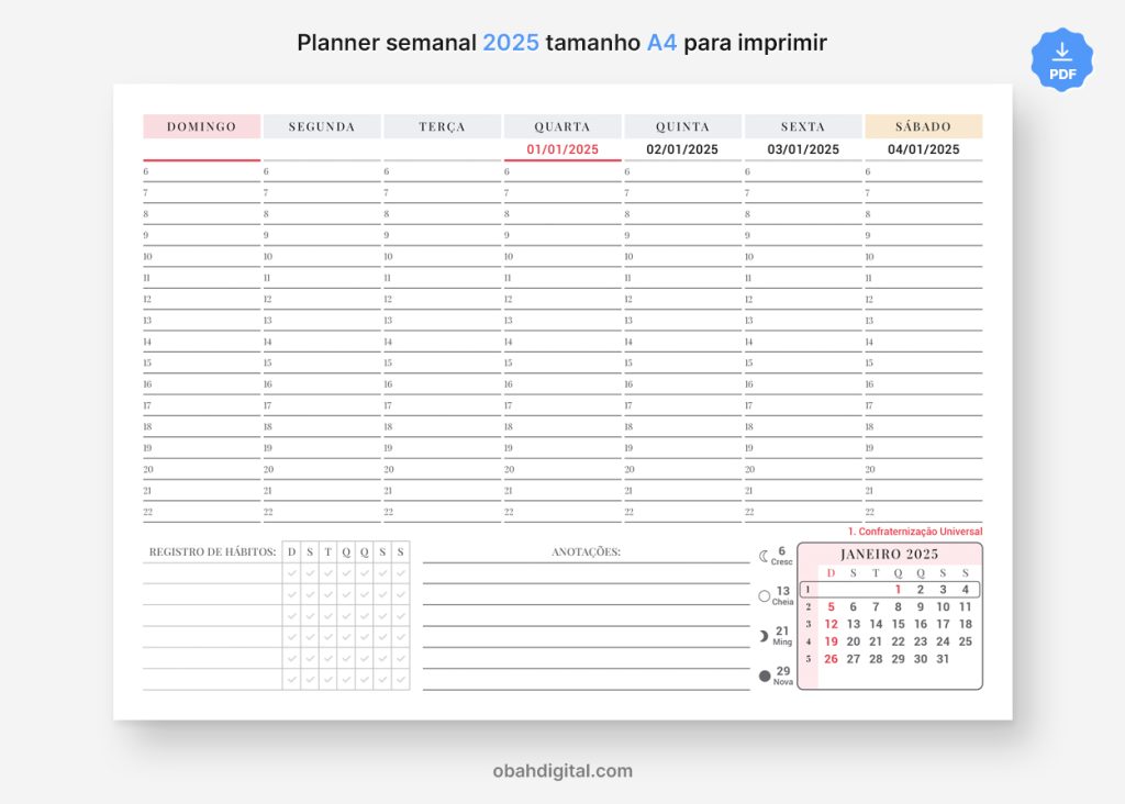 Planner Semanal 2025 com Horários A4