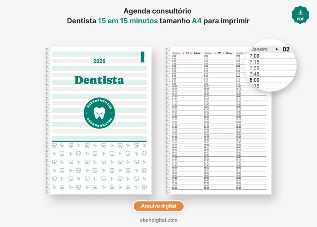 Arquivo digital Agenda Dentista 15 minutos para imprimir 2026