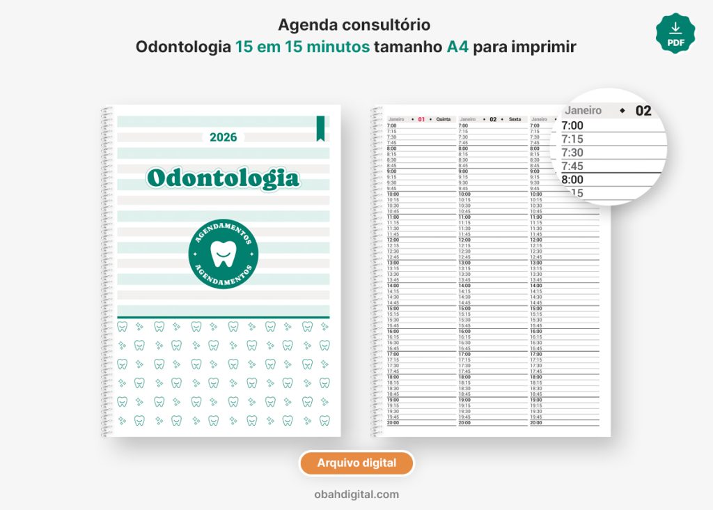 Arquivo digital 2026 Agenda Odontologia 15 min para imprimir