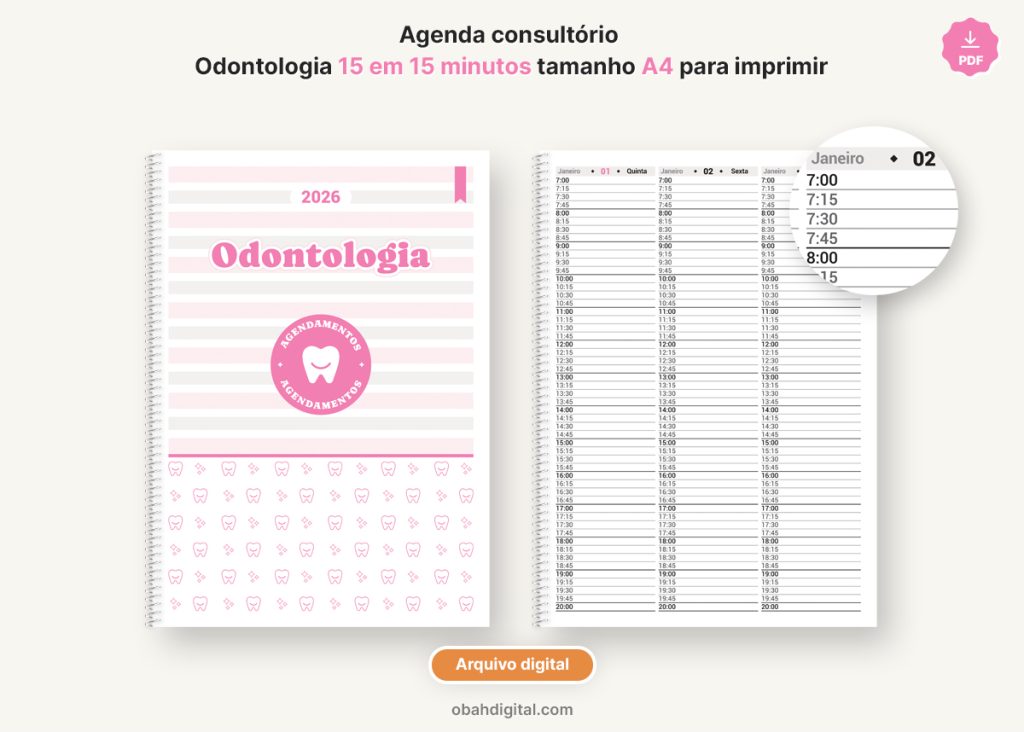 Arquivo digital 2026 Agenda Odontologia 15 min para imprimir