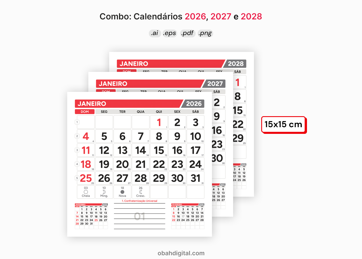 Calendário 2026 2027 2028 15x15cm para imprimir
