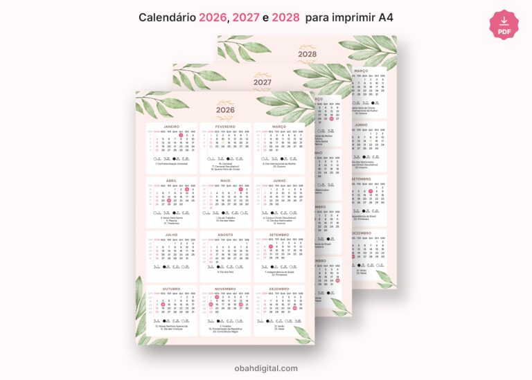 Calendário 2026, 2027 e 2028 para imprimir A4 – Obah Digital