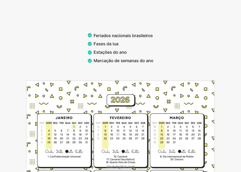 Calendário 2026 para imprimir A4 – Obah Digital