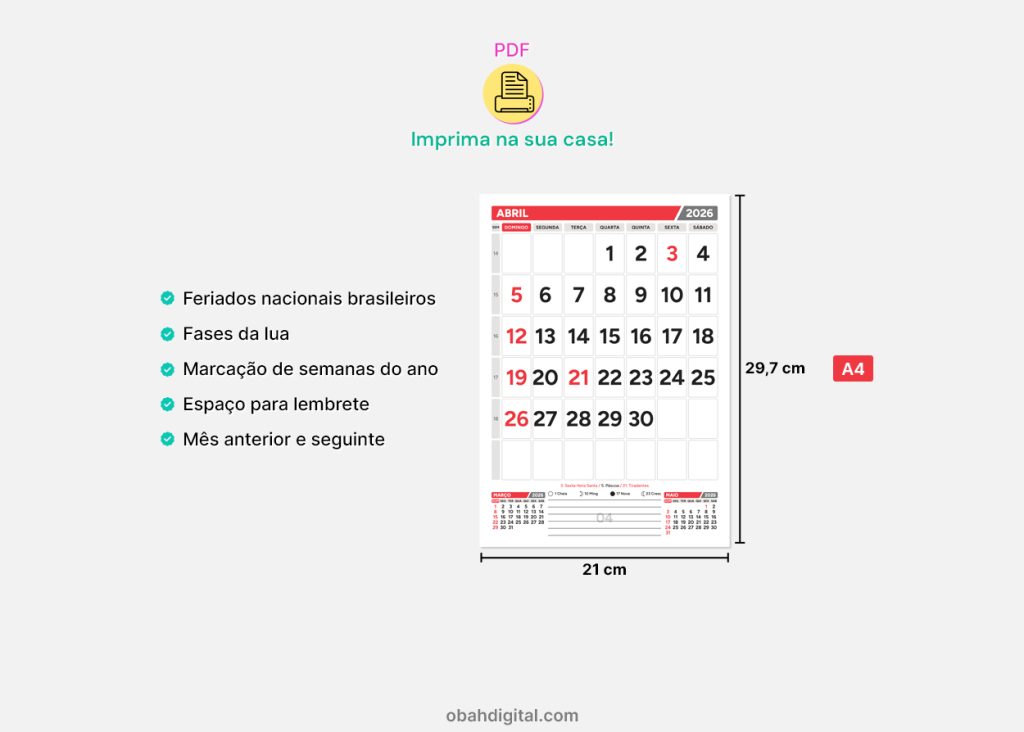 Calendário 2026 para imprimir A4 – Obah Digital
