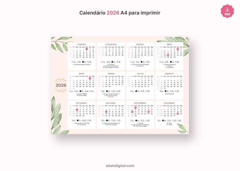 Calendário 2026 para imprimir A4 – Obah Digital