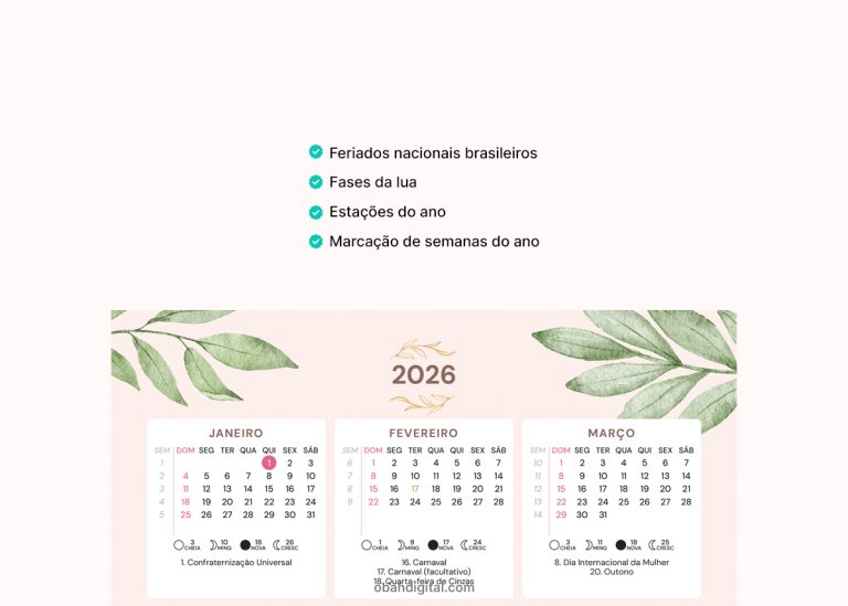 Calendário 2026, 2027 e 2028 para imprimir A4 – Obah Digital