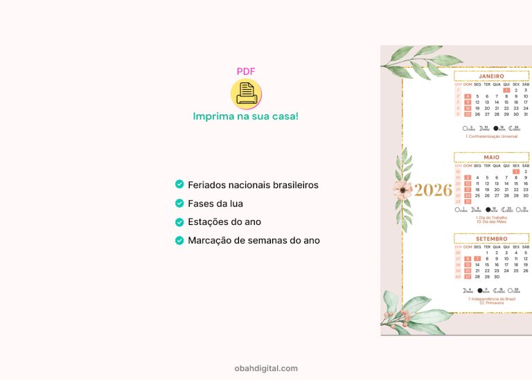 Calendário 2026 para imprimir A4 – Obah Digital