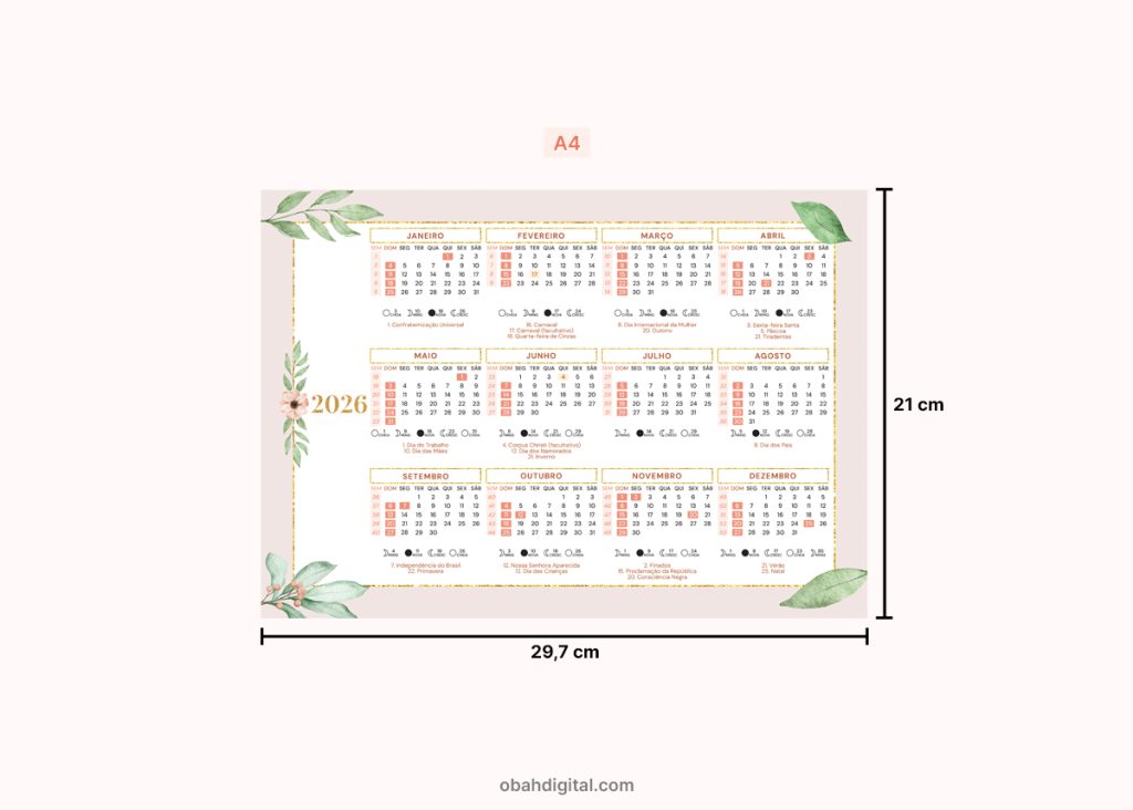 Calendário 2026 para imprimir A4 – Obah Digital