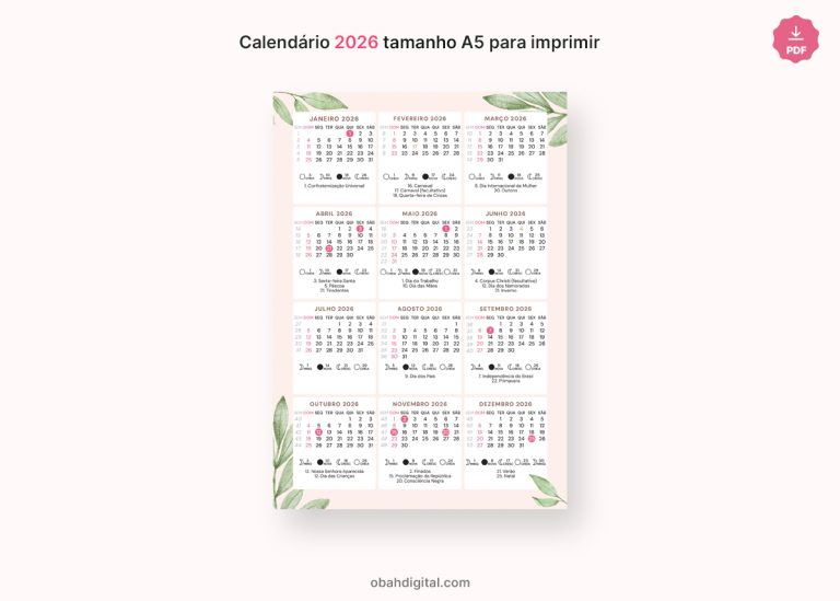 Calendário 2026 para imprimir A4 – Obah Digital