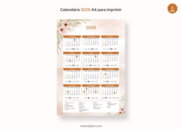 Calendário 2026 para imprimir A4 – Obah Digital