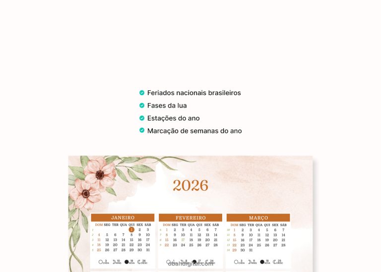 Calendário 2026 para imprimir A4 – Obah Digital