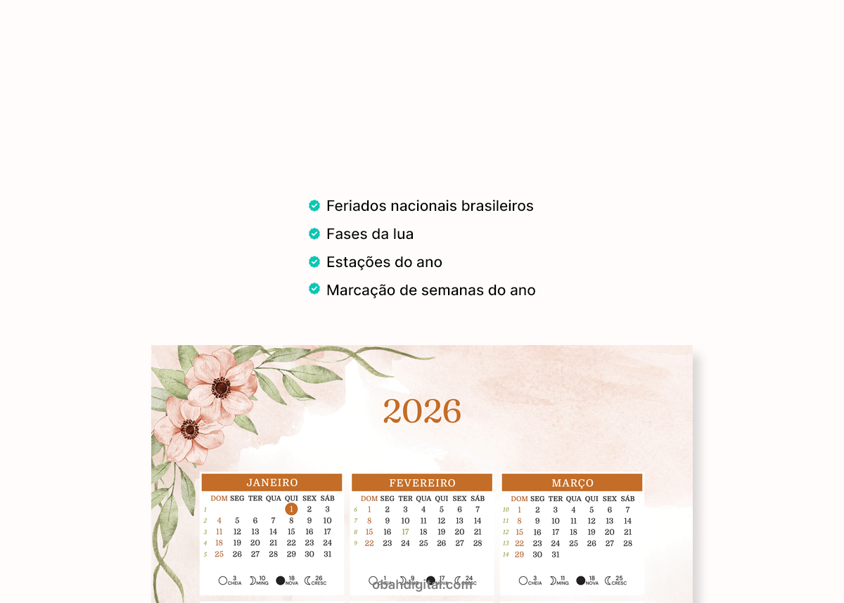 Calendário 2026 feriados lua marcação semanas A4 para Imprimir