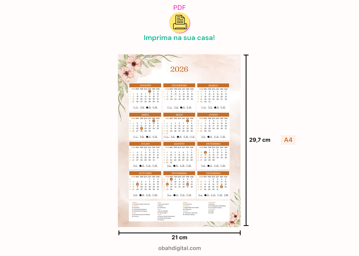 Calendário 2026 feriados lua marcação semanas A4 para Imprimir