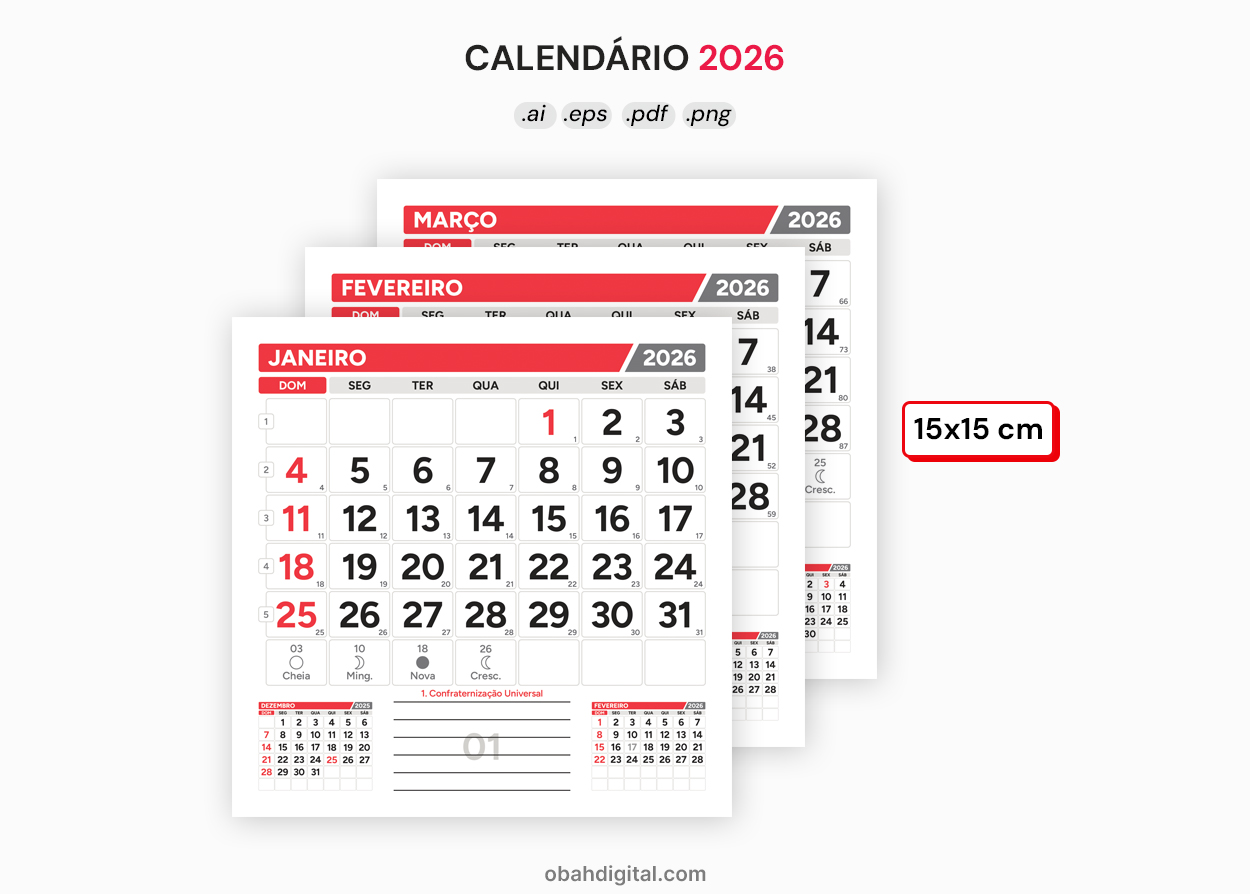Calendário 2026 feriados marcação semanas dias do ano 15x15cm para imprimir