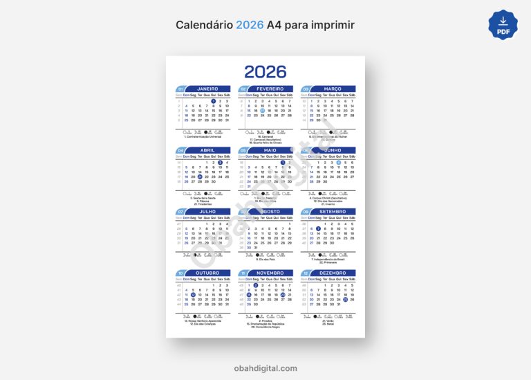 Calendário 2026 para imprimir A4 – Obah Digital