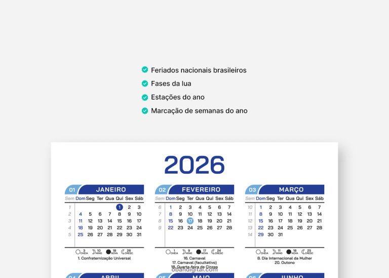Calendário 2026 para imprimir A4 – Obah Digital