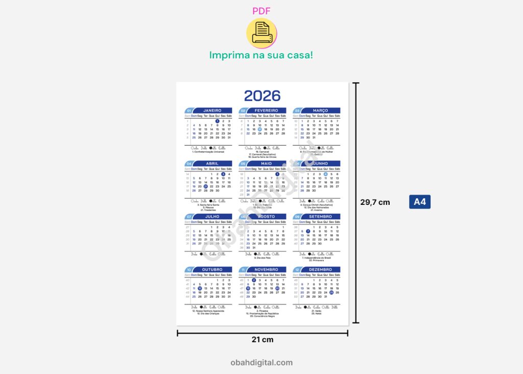 Calendário 2026 a 2030 para imprimir A4 – Obah Digital