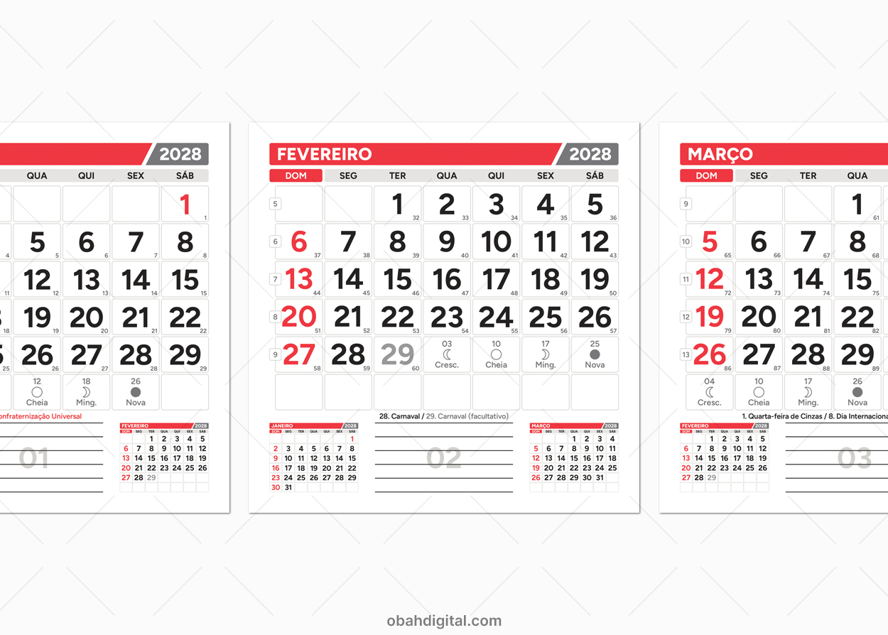 Calendário parede 2028 feriados 15x15cm para imprimir
